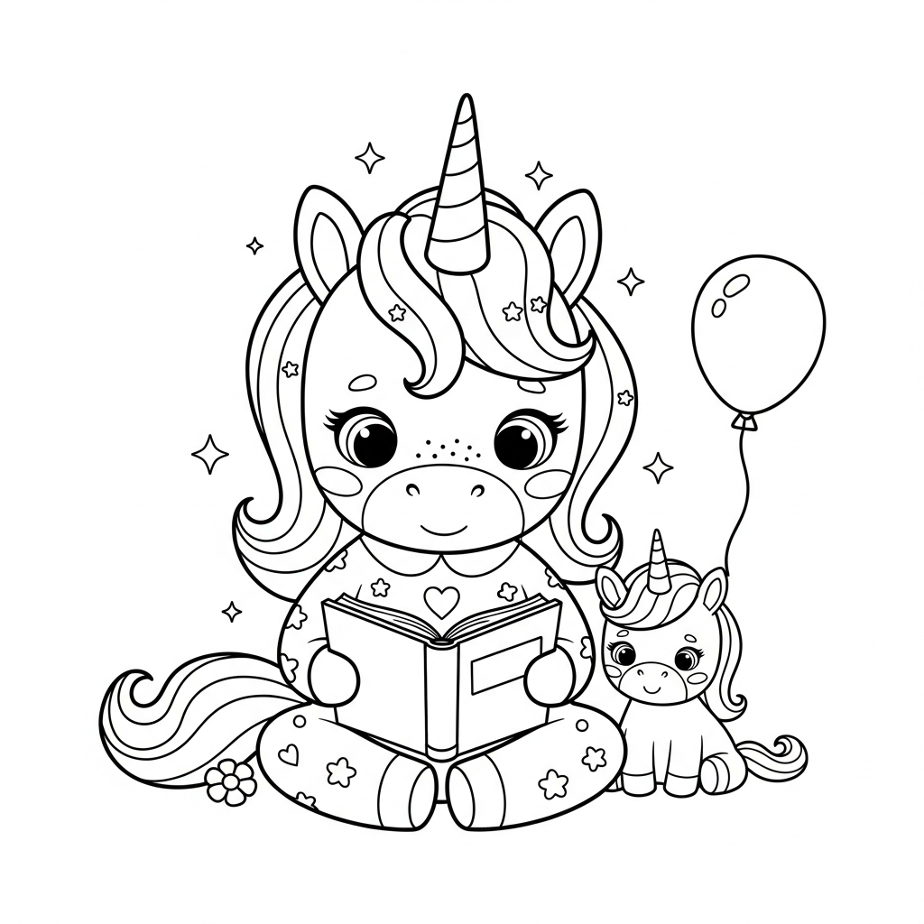 Desenho de unicórnio para colorir sentado de pernas cruzadas lendo livro com lápis.