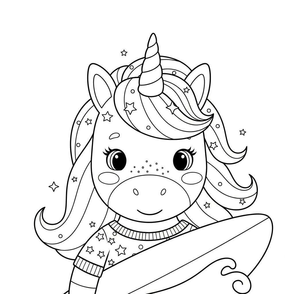 Desenho de unicórnio para colorir surfando em uma onda divertida
