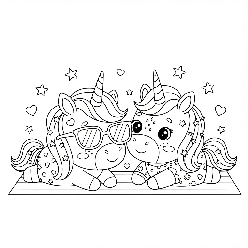 Desenho de unicórnio para colorir usando óculos de sol na praia com estrelinhas e corações