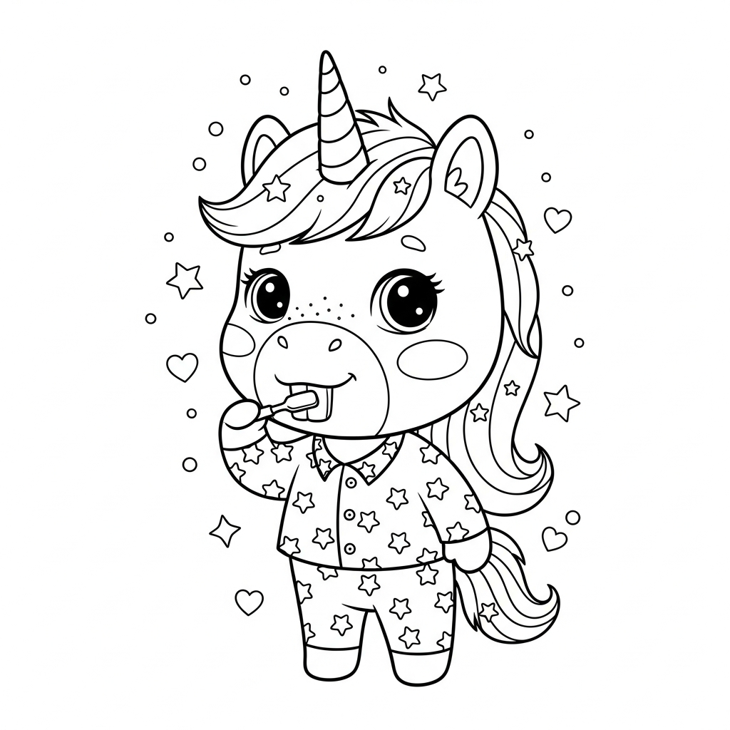 Desenho de unicórnio para colorir de pijama escovando os dentes com estrelinhas e corações