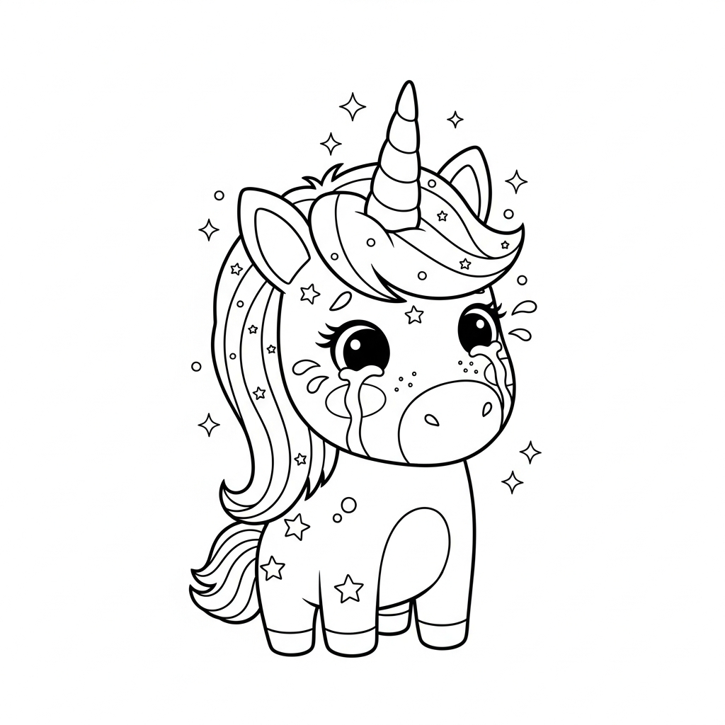 Desenho de unicórnio para colorir chorando com lágrimas grandes e expressão triste