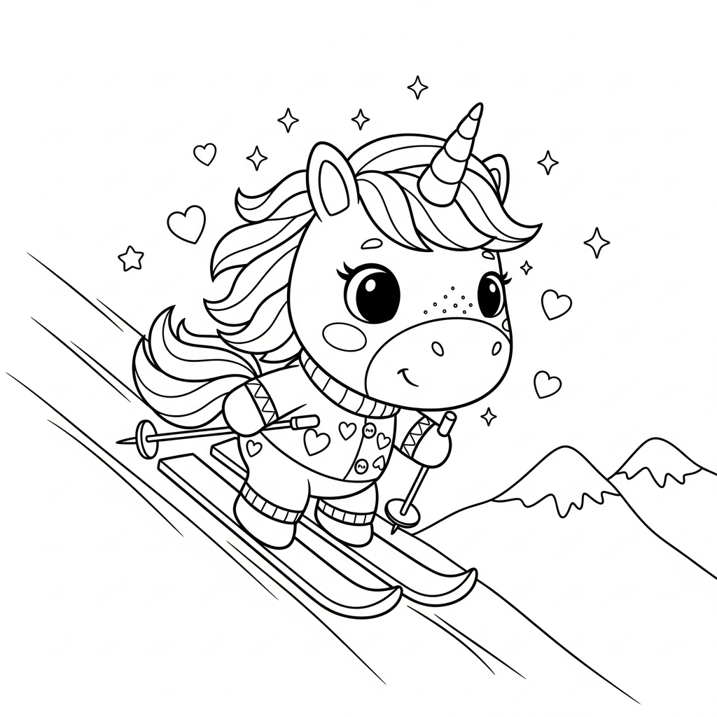 Desenho de unicórnio para colorir esquiando montanha abaixo com estrelinhas e corações