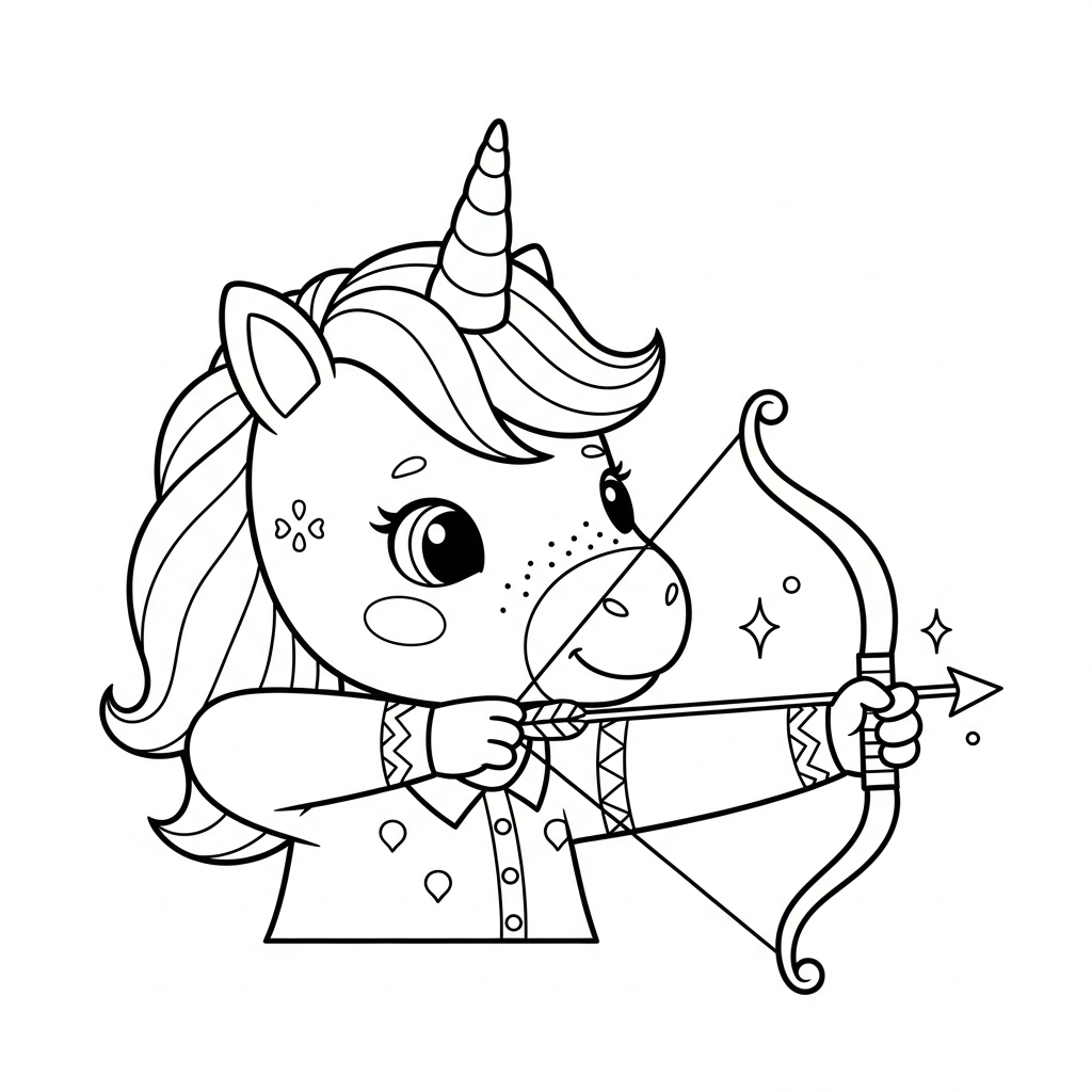 Desenho de unicórnio para colorir praticando arco e flecha mirando com concentração
