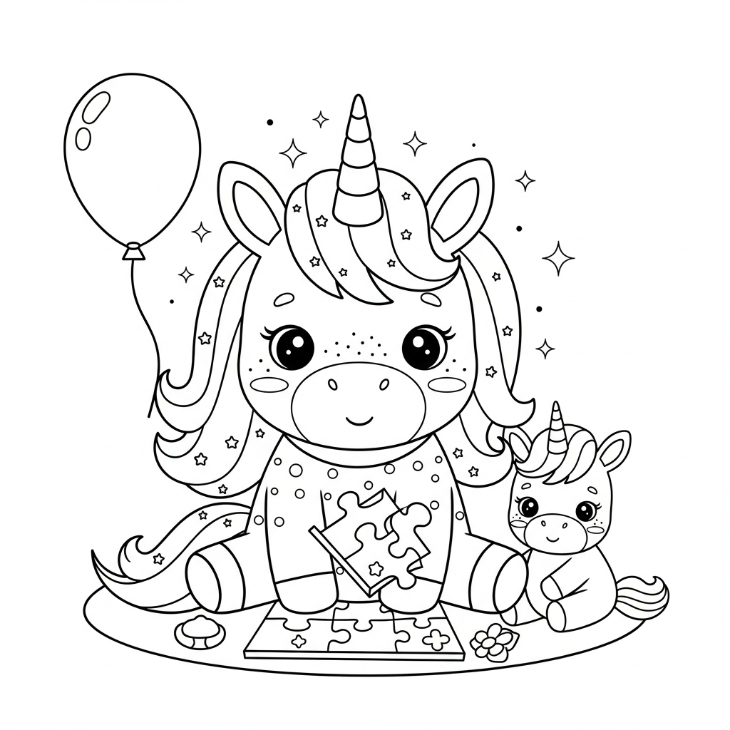 Desenho de unicórnio para colorir montando quebra-cabeças no tapete com lápis pequeno