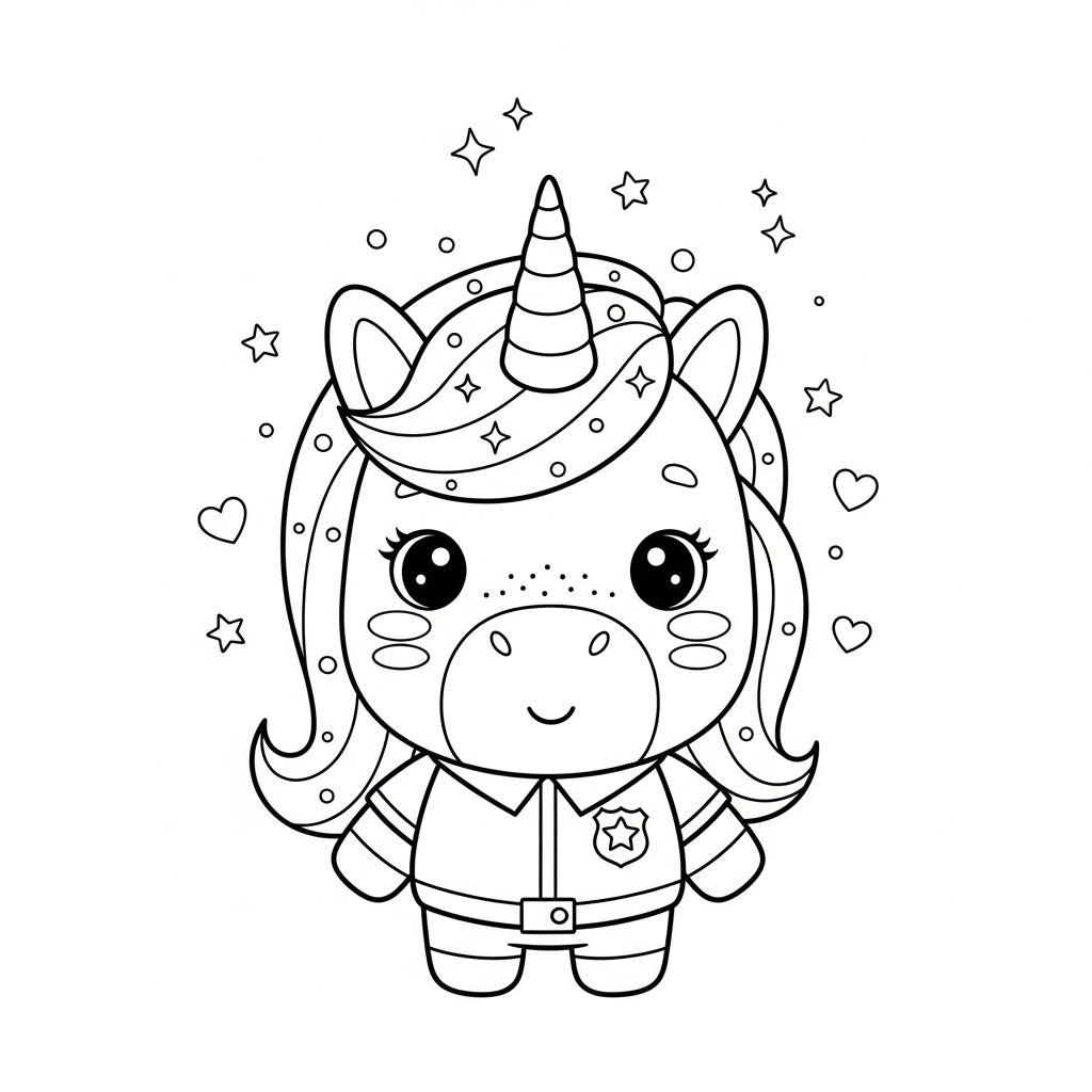 Desenho de unicórnio para colorir vestido de policial com distintivo, estrelinhas e corações.