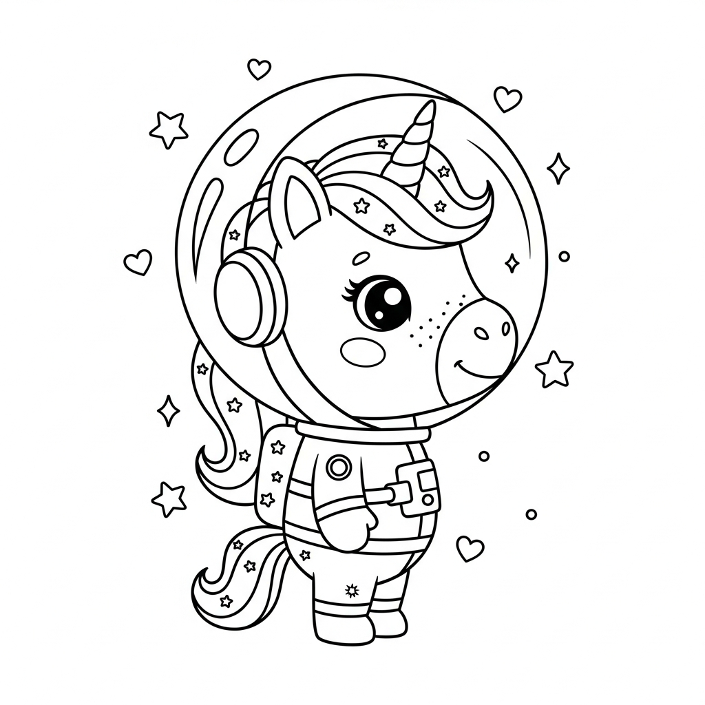 Desenho de unicórnio para colorir vestido de astronauta com estrelinhas e corações