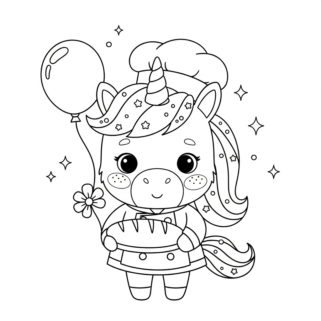 Desenho de unicórnio para colorir vestido de padeiro com pão na mão e colher.