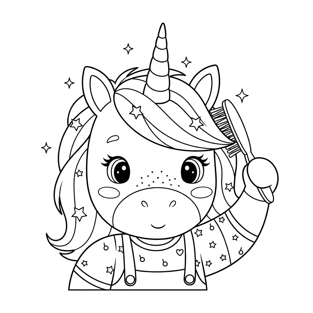 Desenho de unicórnio para colorir escovando os cabelos diante do espelho
