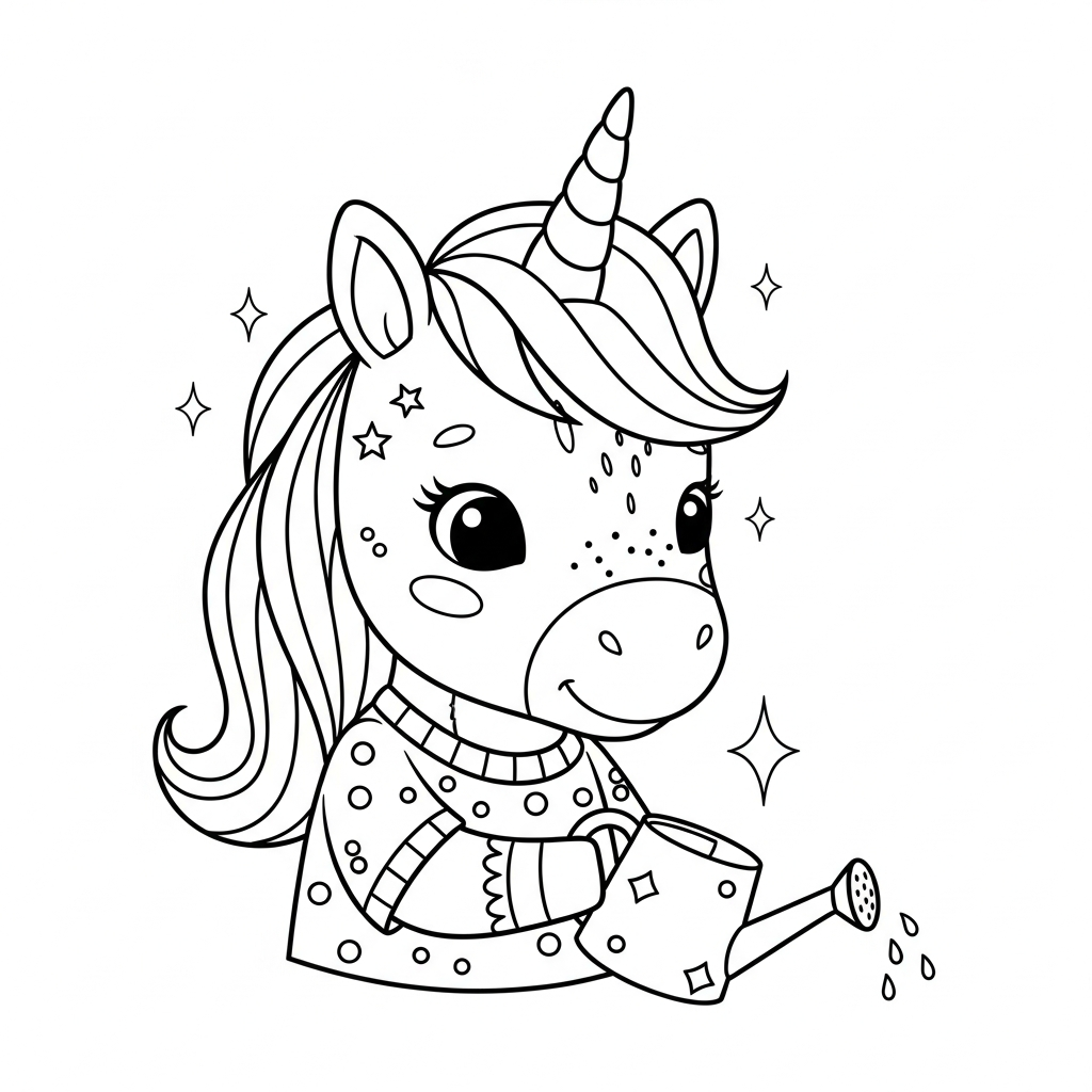 Desenho de unicórnio para colorir regando plantas com um regador alegre