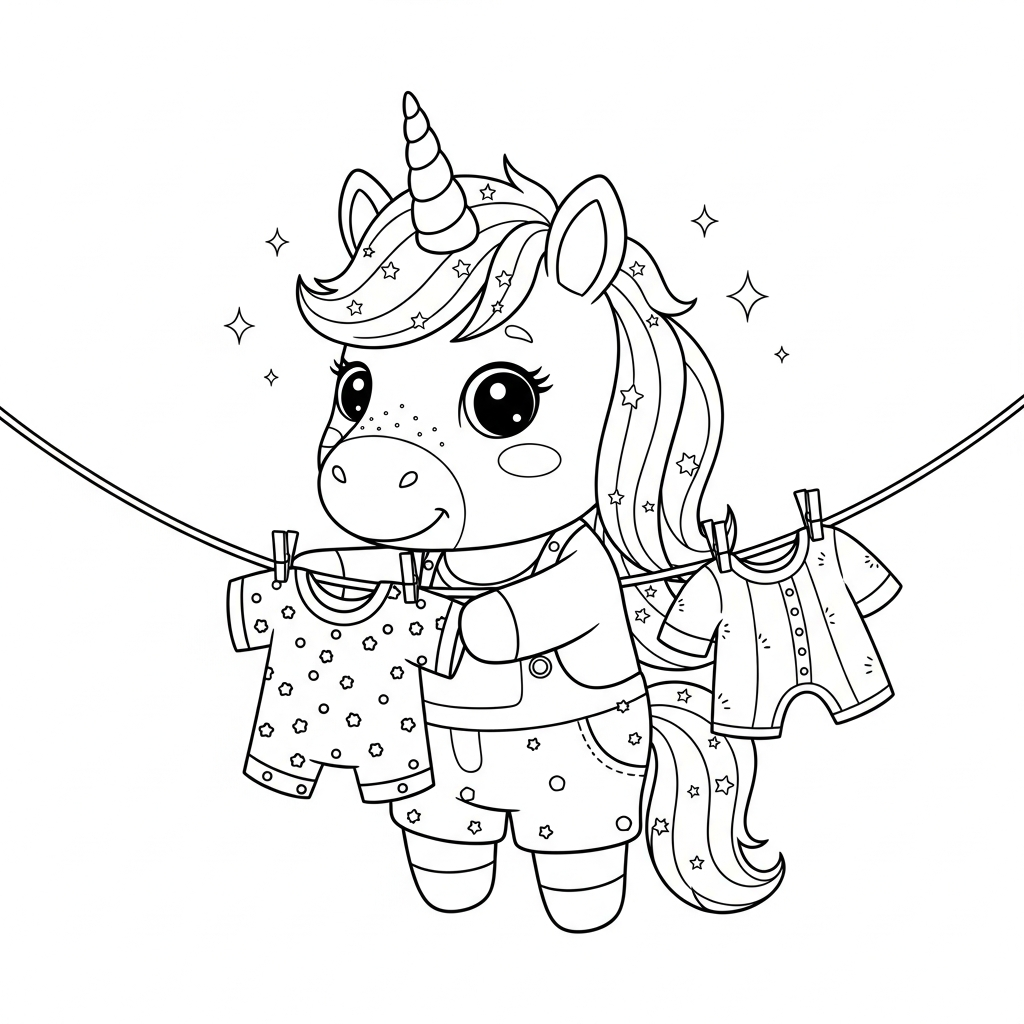 Desenho de unicórnio para colorir estendendo roupas no varal alegremente