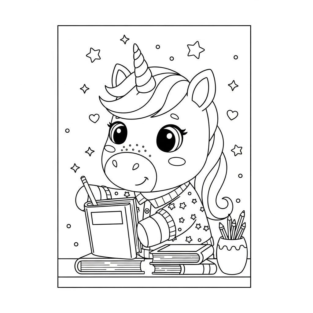 Desenho de unicórnio para colorir organizando livros na estante com estrelinhas e corações