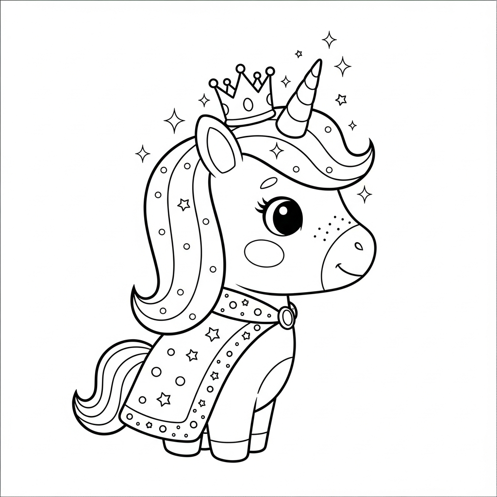 Desenho de unicórnio para colorir vestido de rei com coroa, capa e cetro.