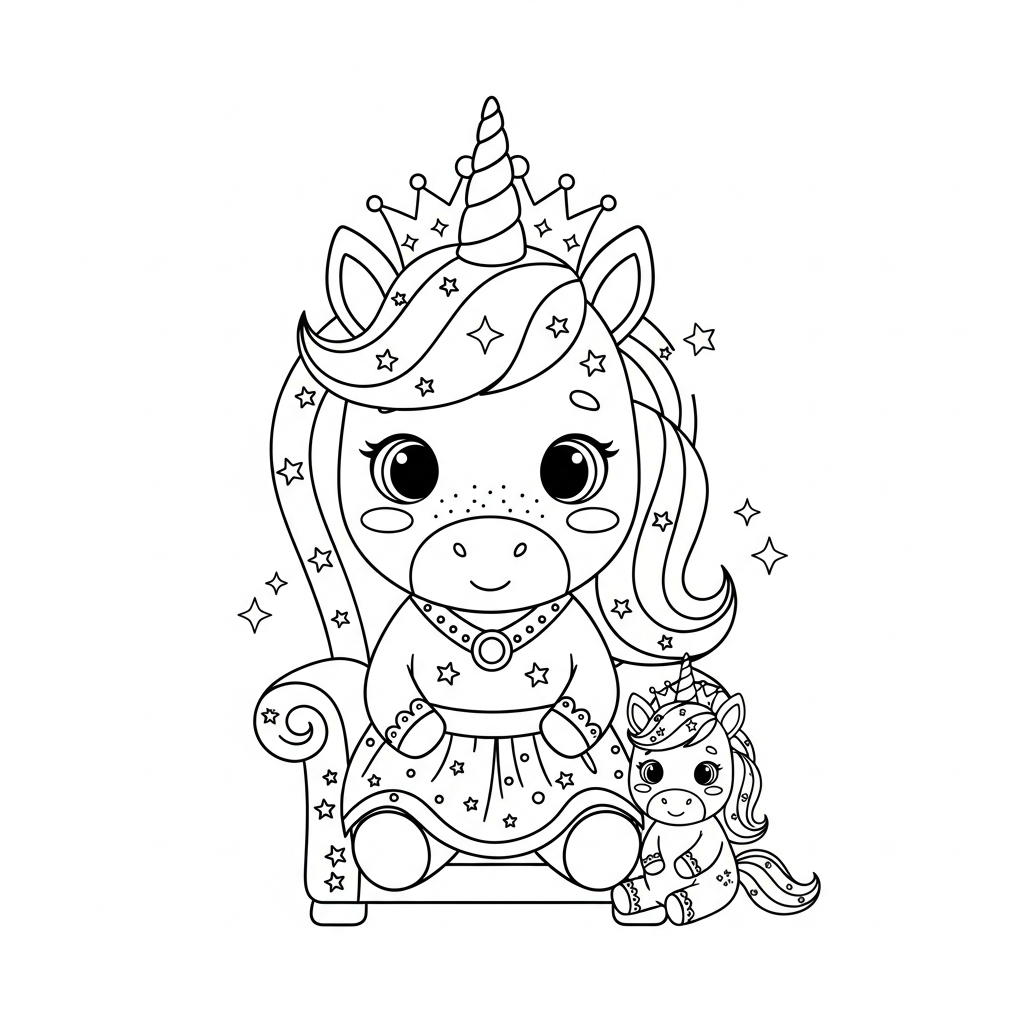 Desenho de unicórnio para colorir vestido de rainha em trono