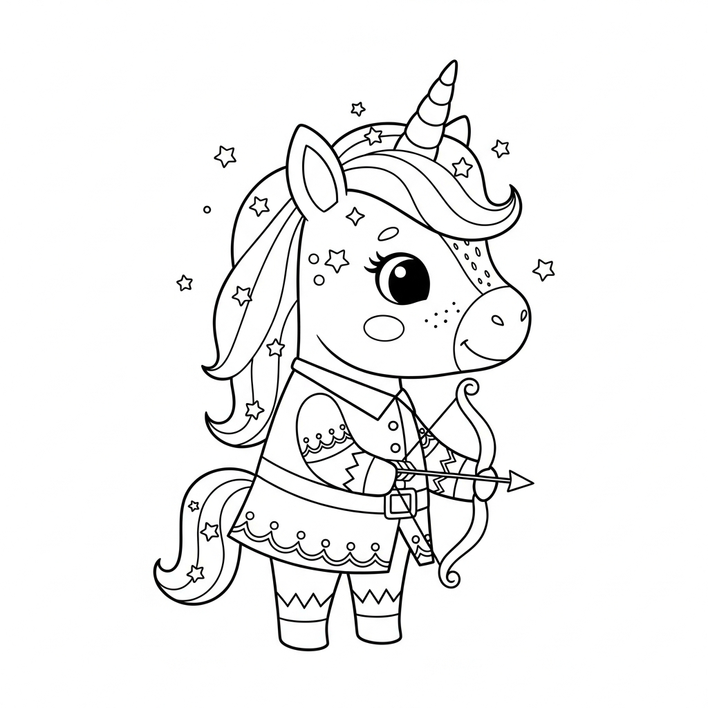 Desenho de unicórnio para colorir vestido de elfo com arco e flecha