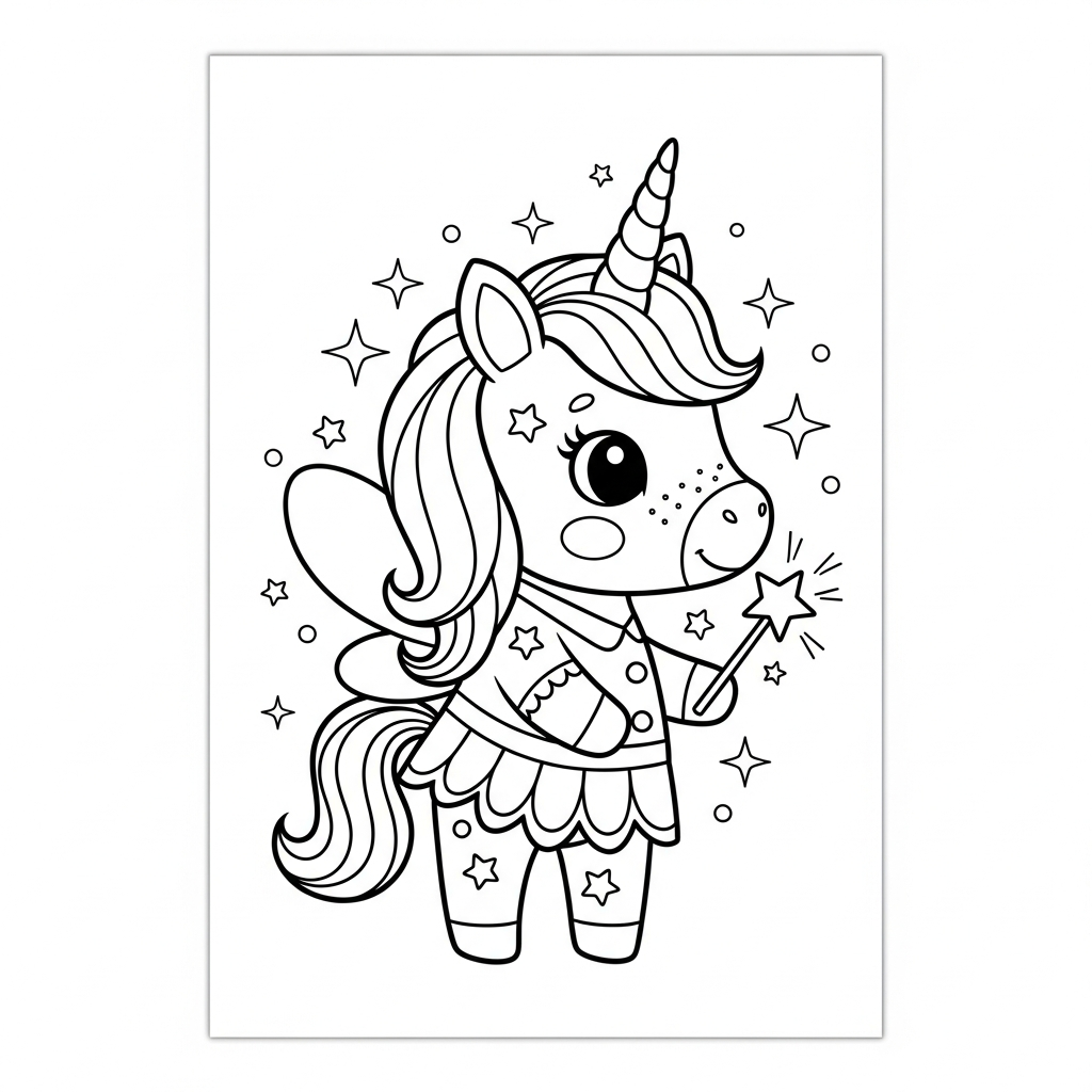 Desenho de unicórnio para colorir vestido de fada com varinha estrelada