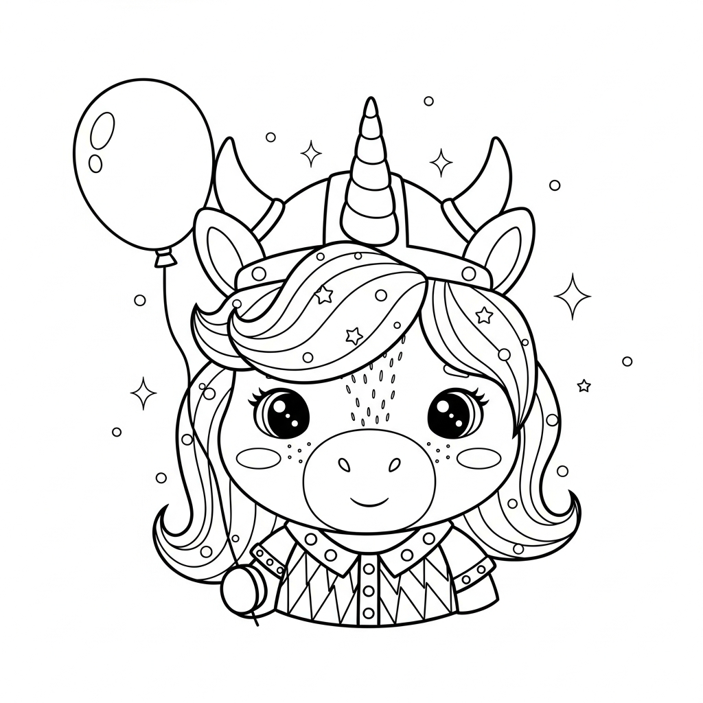 Desenho de unicornio para colorir vestido de viking com elmo de chifres e machado pequeno