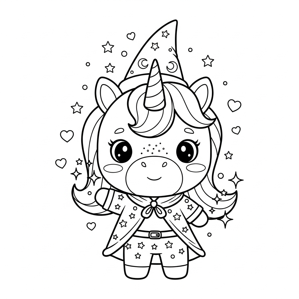 Desenho de unicórnio para colorir vestido de feiticeiro lançando feitiço com estrelas e corações
