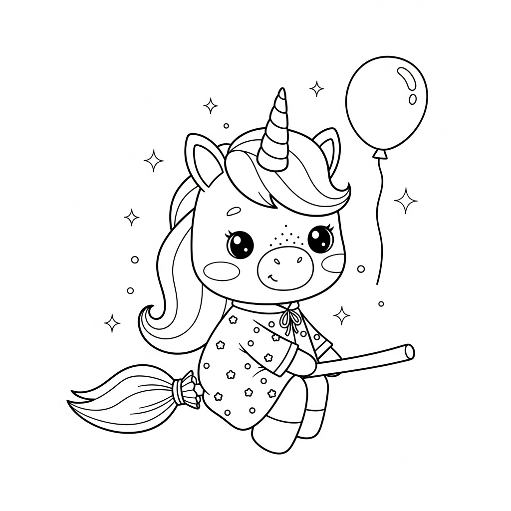 Desenho de unicórnio para colorir vestido de bruxinha boazinha em vassoura com estrelinha