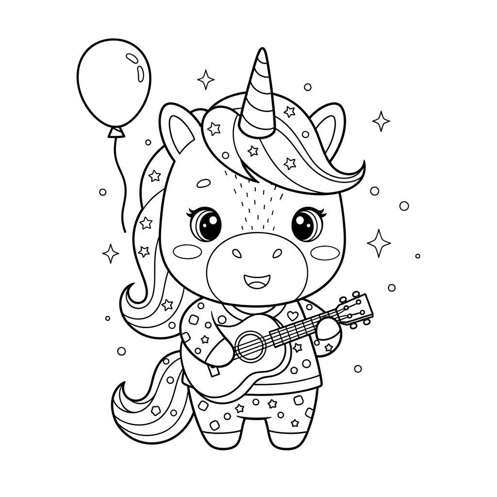 Desenho de unicórnio para colorir tocando ukulele alegremente ao lado de uma estrela.