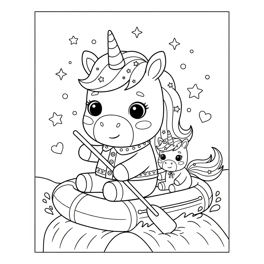 Desenho de unicórnio para colorir descendo cachoeira em bote com estrelinhas e corações