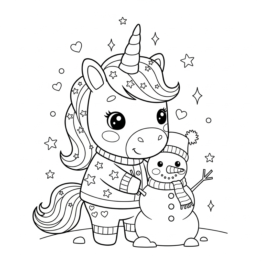 Desenho de unicórnio para colorir fazendo boneco de neve com estrelinhas e corações.