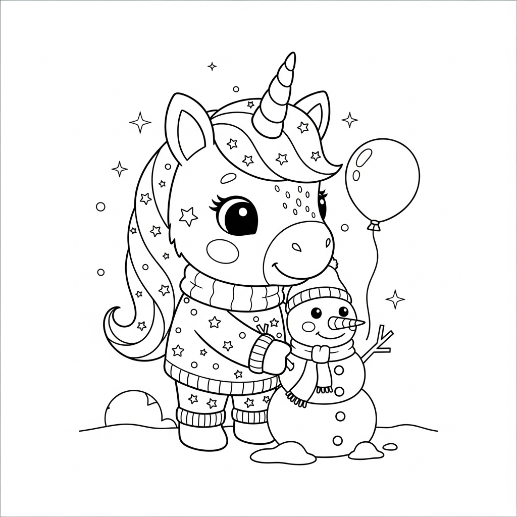 Desenho de unicórnio para colorir fazendo boneco de neve no jardim com pá.