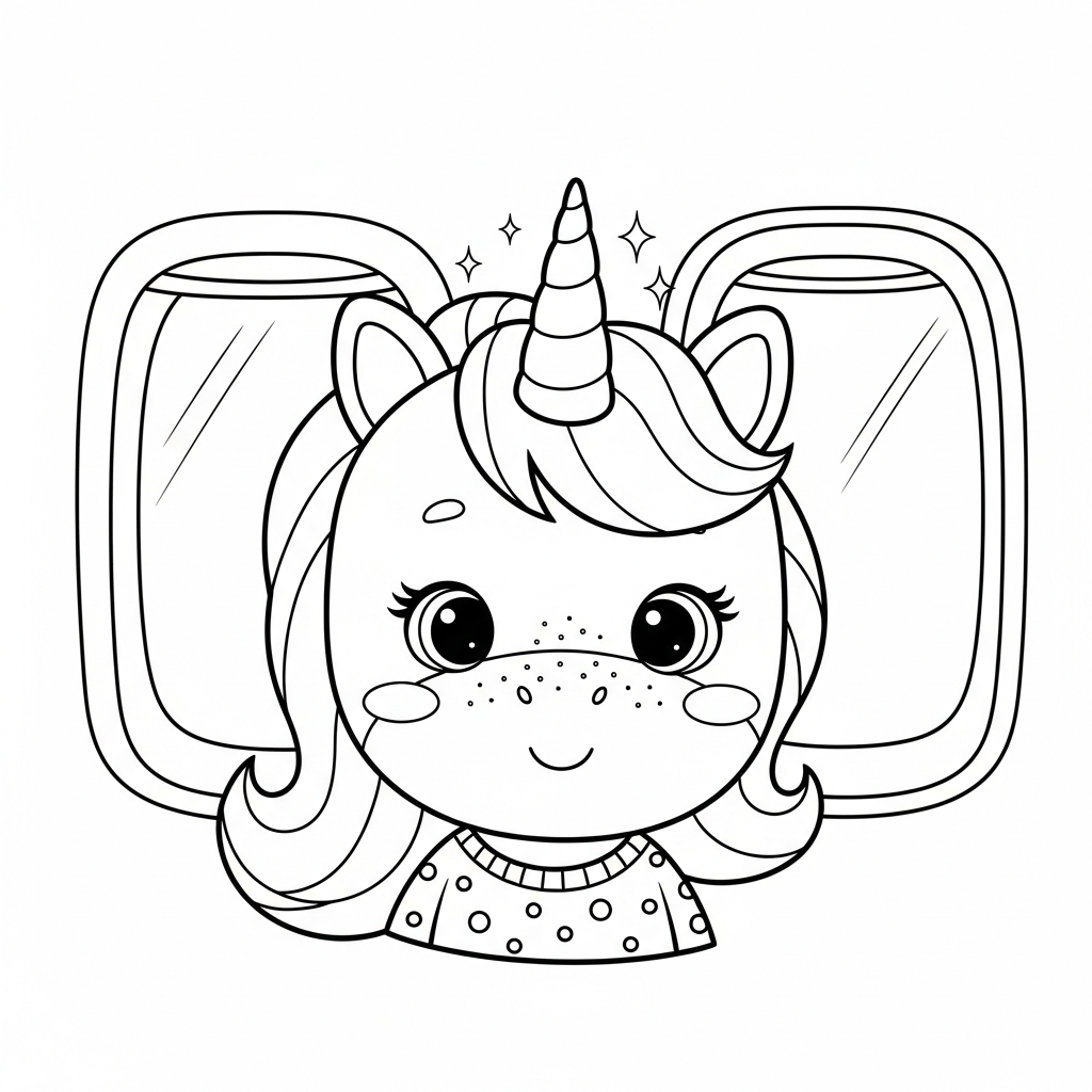 Desenho de unicórnio para colorir dentro de avião com janela ao lado