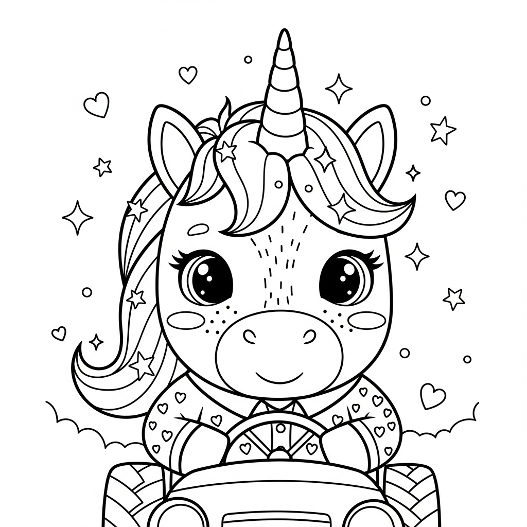Desenho de unicórnio para colorir dirigindo trator no campo com estrelinhas e corações