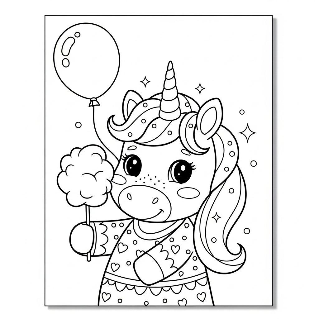 Desenho de unicórnio para colorir segurando algodão doce na vara com estrelinha