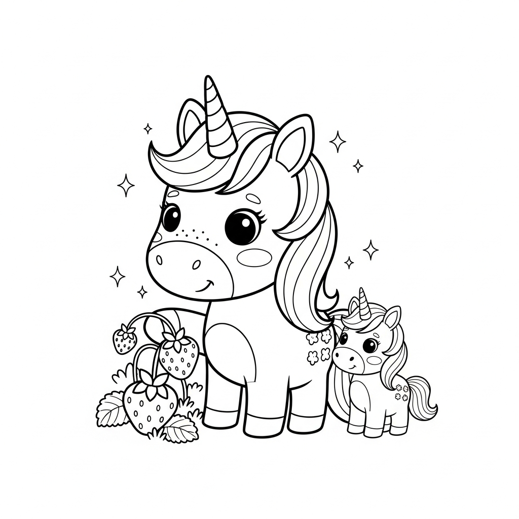 Desenho de unicórnio para colorir colhendo morangos da plantação alegremente