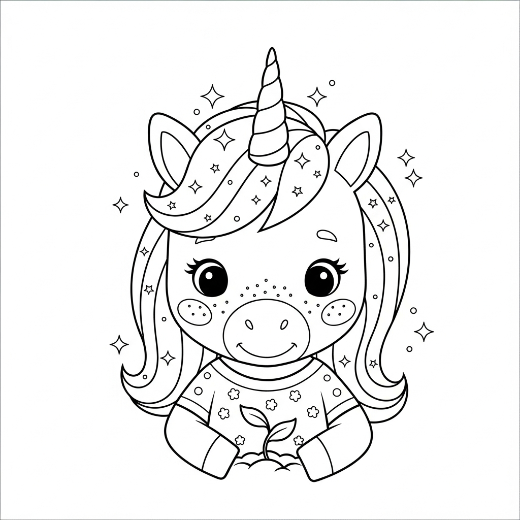 Desenho de unicórnio para colorir plantando semente no canteiro com pá pequena