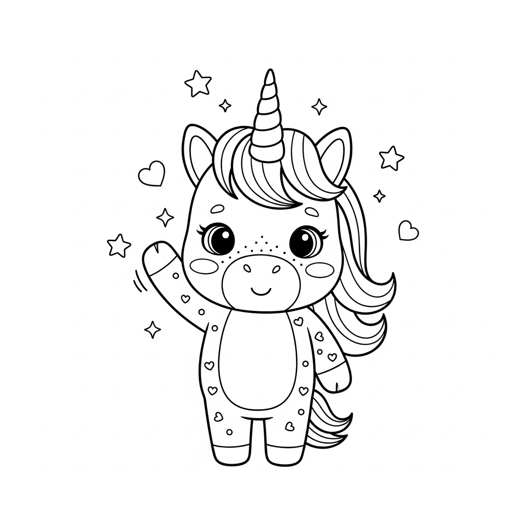 Desenho de unicórnio para colorir dando high-five com estrelinhas e corações decorativos