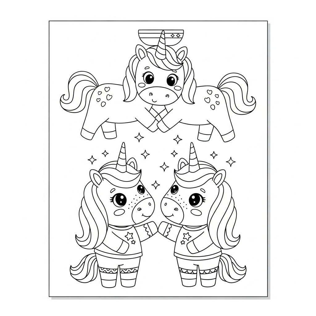Desenho de unicórnio para colorir equilibrando uma bola na cabeça
