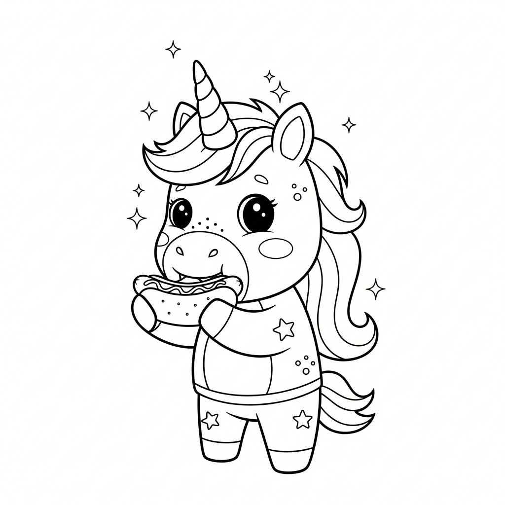 Desenho de unicórnio para colorir comendo cachorro-quente com duas mãos