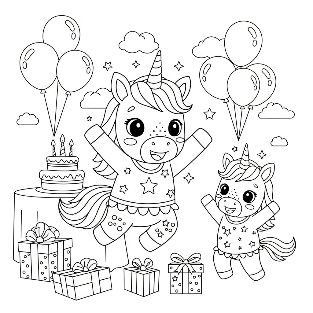 Desenho de unicórnio para colorir pulando com braços levantados em festa de aniversário