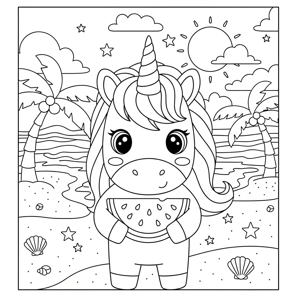 Desenho de unicórnio para colorir segurando melancia na praia com palmeiras