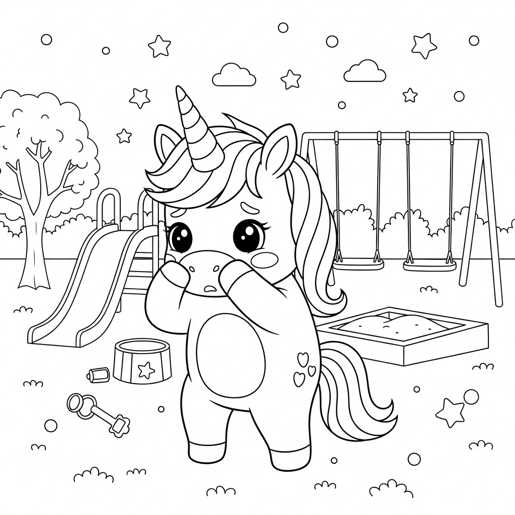 Desenho de unicórnio para colorir envergonhado, escondendo o rosto no playground com escorregador.