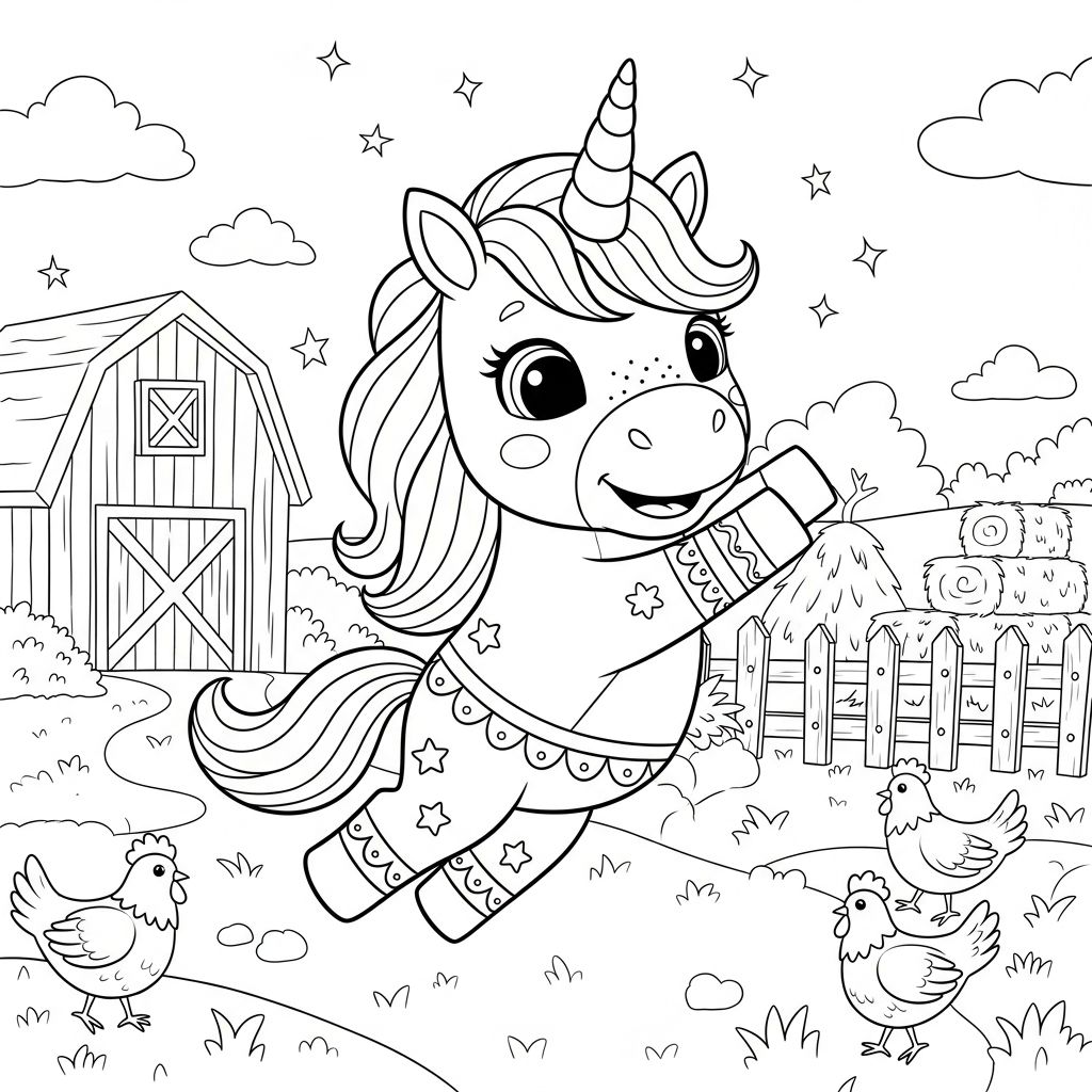 Desenho de unicórnio para colorir pulando alegremente em fazenda com celeiro