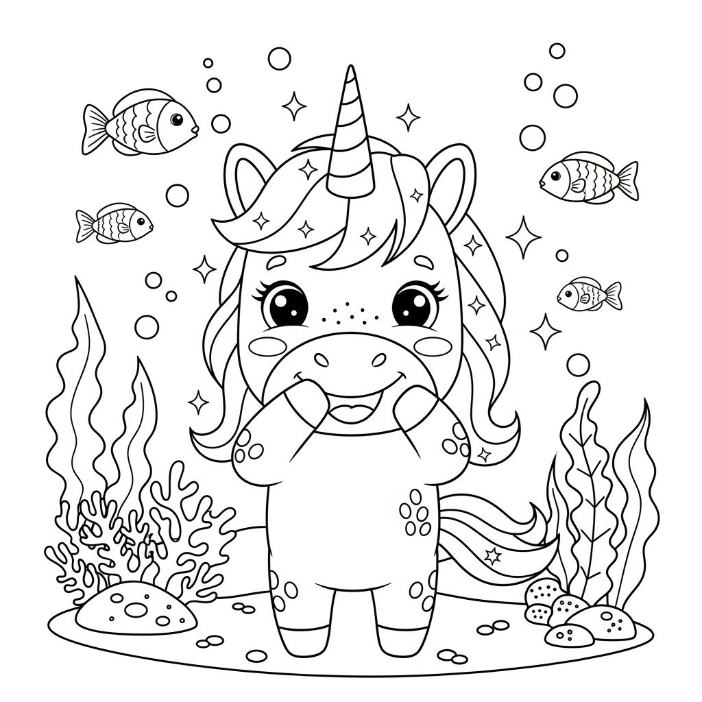 Desenho de unicórnio para colorir dando risadinha no fundo do mar com peixes.