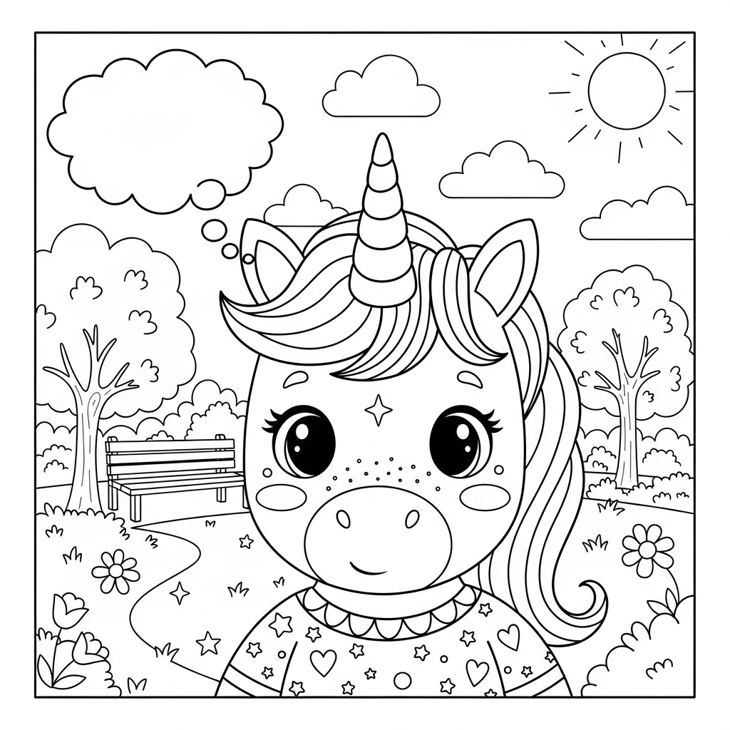 Desenho de unicórnio para colorir sonhando com balãozinho em parque ensolarado com árvores