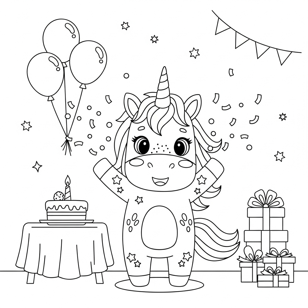 Desenho de unicornio para colorir alegre soltando confete em festa de aniversário