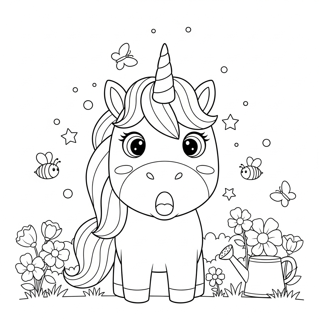 Desenho de unicórnio para colorir chocado no jardim com flores e abelhas.