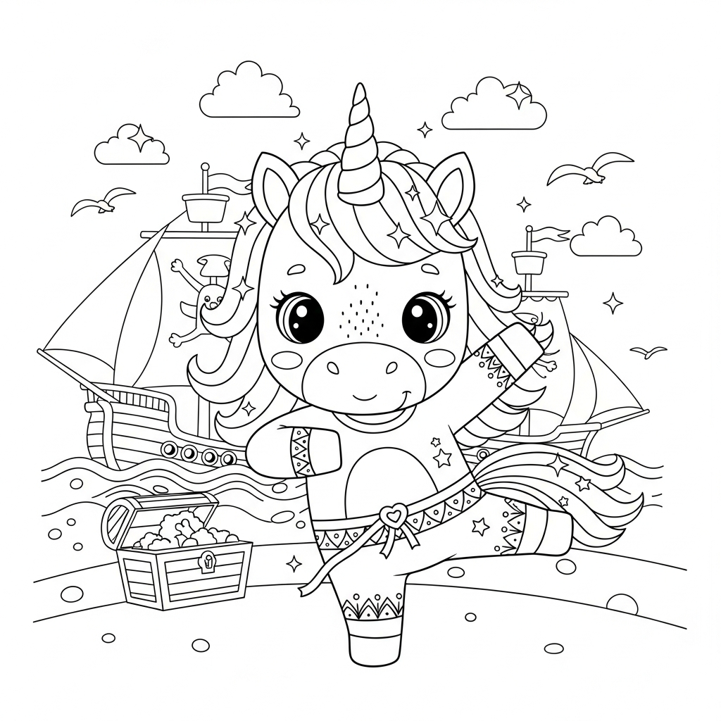 Desenho de unicórnio para colorir praticando capoeira em ginga no navio pirata