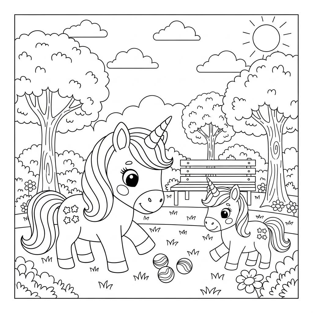 Desenho de unicórnio para colorir jogando bolinhas de gude no parque ensolarado.