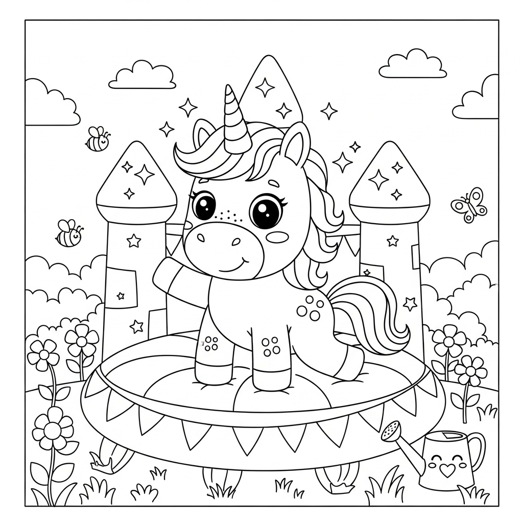 Desenho de unicórnio para colorir brincando com pula-pula gigante no jardim florido.