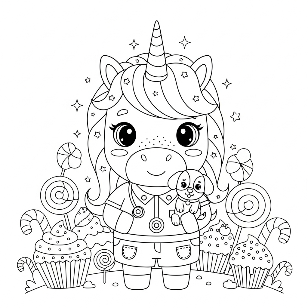 Desenho de unicórnio para colorir vestido de veterinário com filhote na terra dos doces