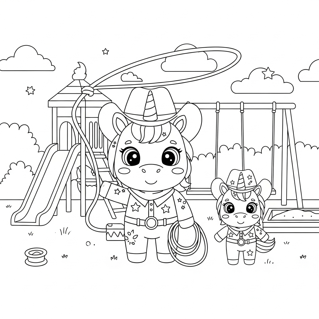 Desenho de unicórnio para colorir vestido de cowboy no playground com escorregador.