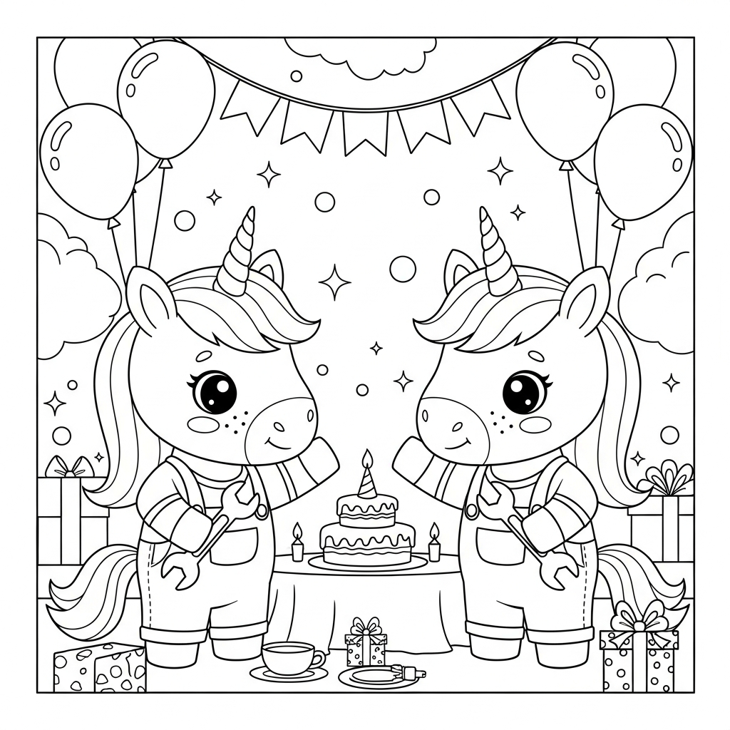Desenho de unicornio para colorir vestido de mecânico com chave inglesa em festa de aniversário