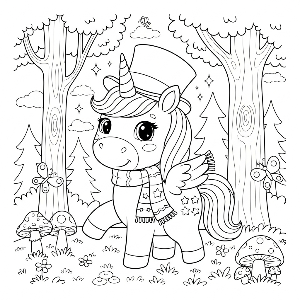 Desenho de unicórnio para colorir vestido de mágico com cartola na floresta.
