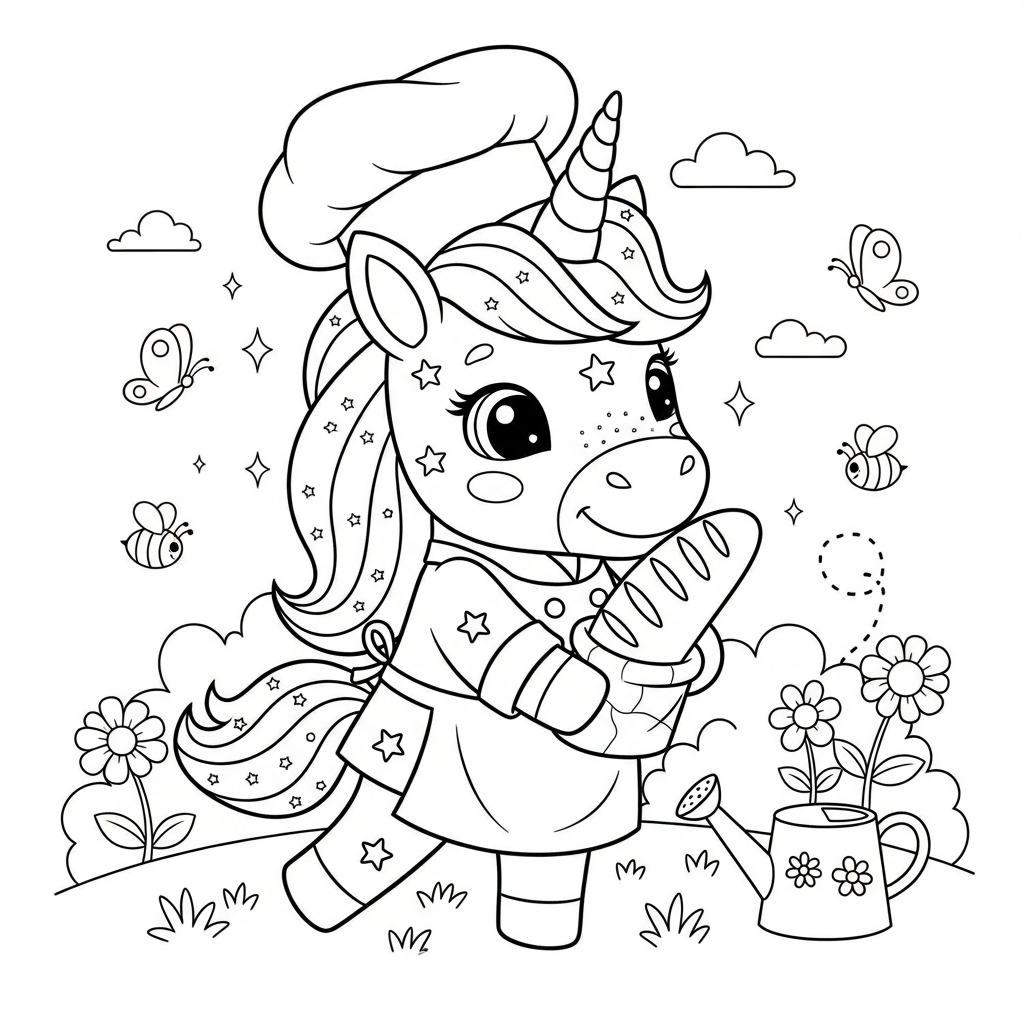 Desenho de unicórnio para colorir vestido de padeiro com pão no jardim florido